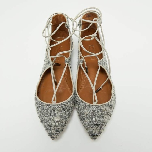 Aquazzura Christy Tweed Lace-up Ballet Flats Size 40.5 Grey/Black  Ankle… - Picture 1 of 5